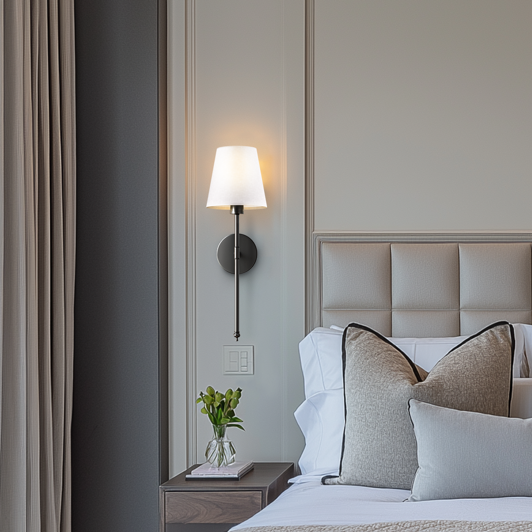 Wireless Wall Sconces — Set of 2 · Dark Metal & Fabric Shade
