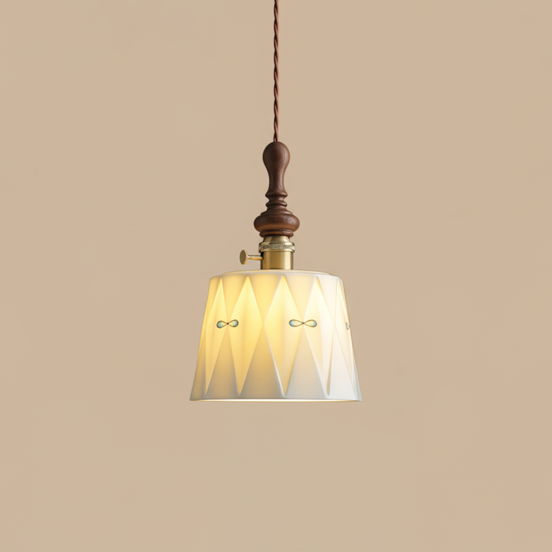 Kazamu Scalloped Shade Pendant Light – Model C, Ø 18 cm × height 26 cm / Walnut & white