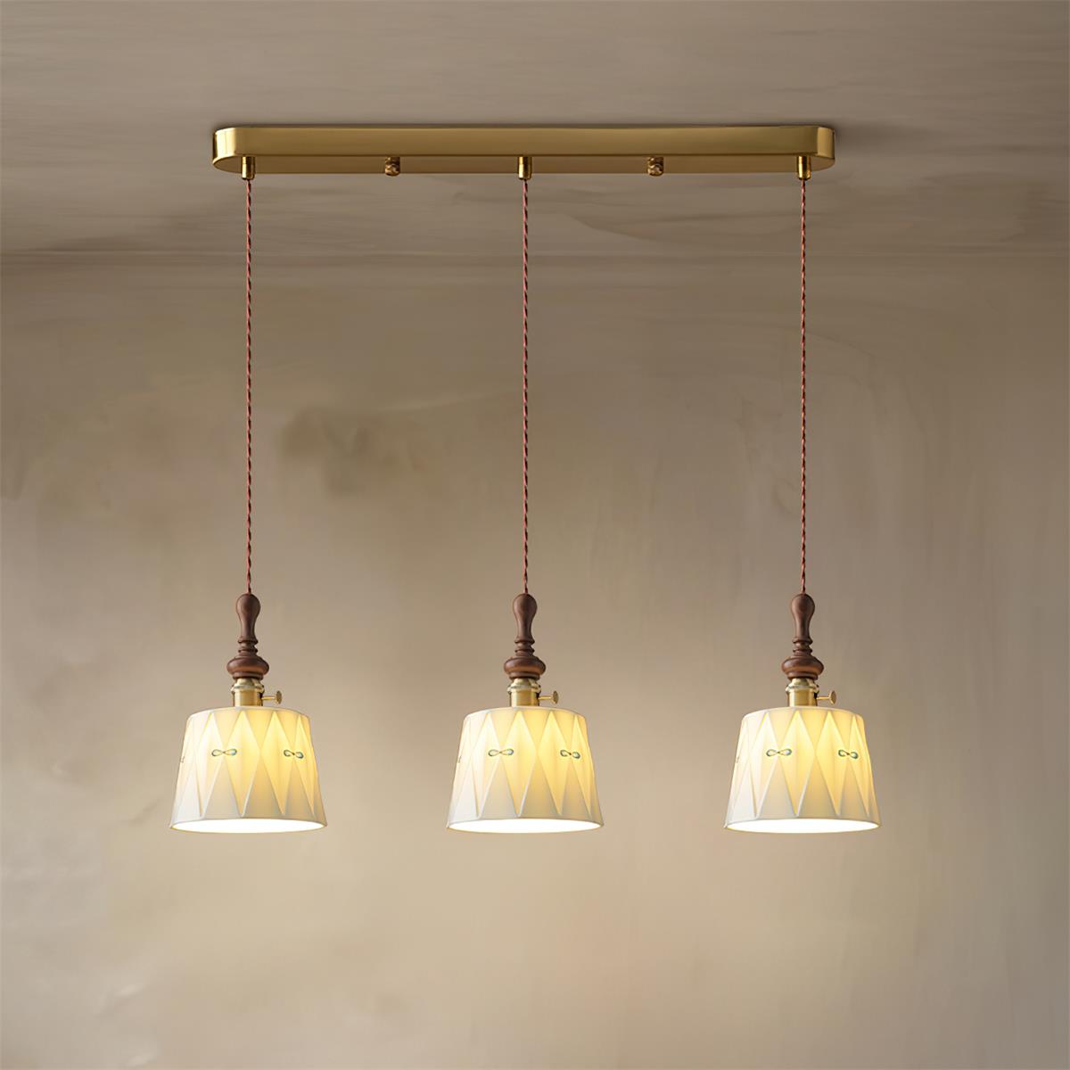 Kazamu Scalloped Shade Pendant Light – 3 lights, Model C, length 70 cm × height 150 cm / Walnut & white