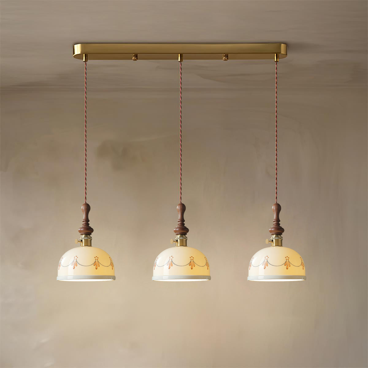 Kazamu Scalloped Shade Pendant Light – 3 lights, Model A, length 70 cm × height 150 cm / Walnut & white
