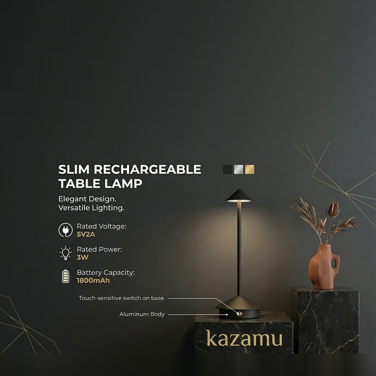 Rechargeable Table Lamp — specification: 5V/2A, 3W, 1800 mAh, touch switch on the base