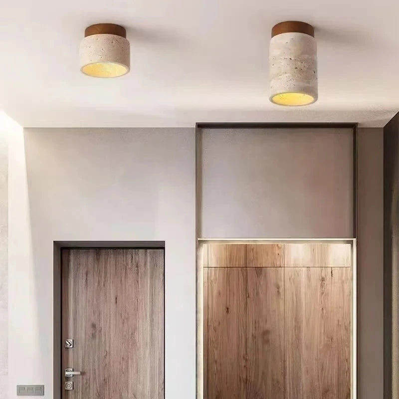 Natural Stone Flush Ceiling Light | Wood Mount | E27