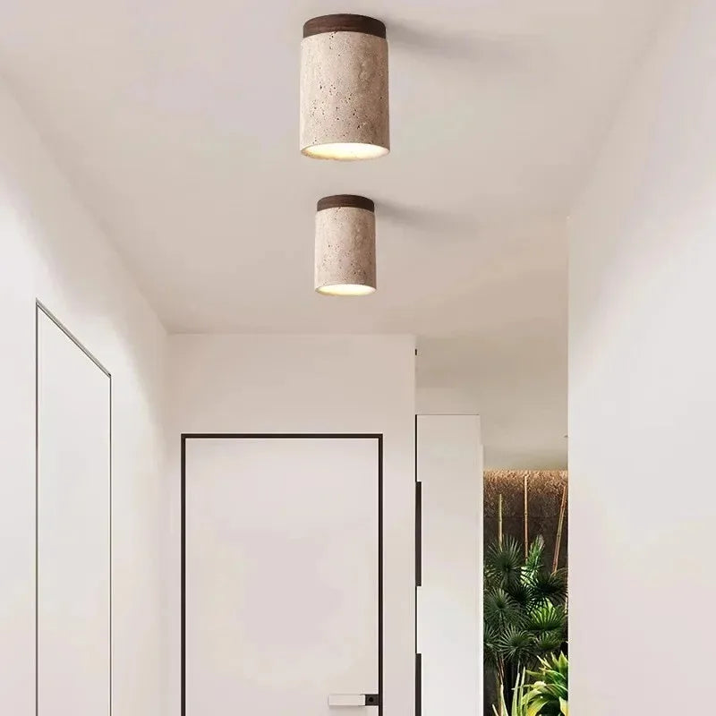 Natural Stone Flush Ceiling Light | Wood Mount | E27