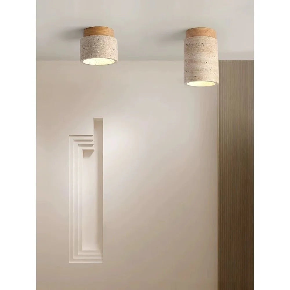 Natural Stone Flush Ceiling Light | Wood Mount | E27