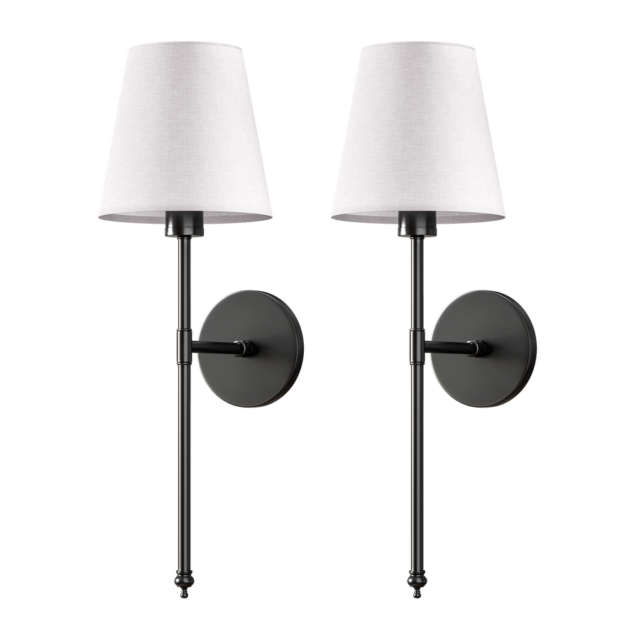 Wireless Wall Sconces — Set of 2 · Dark Metal & Fabric Shade