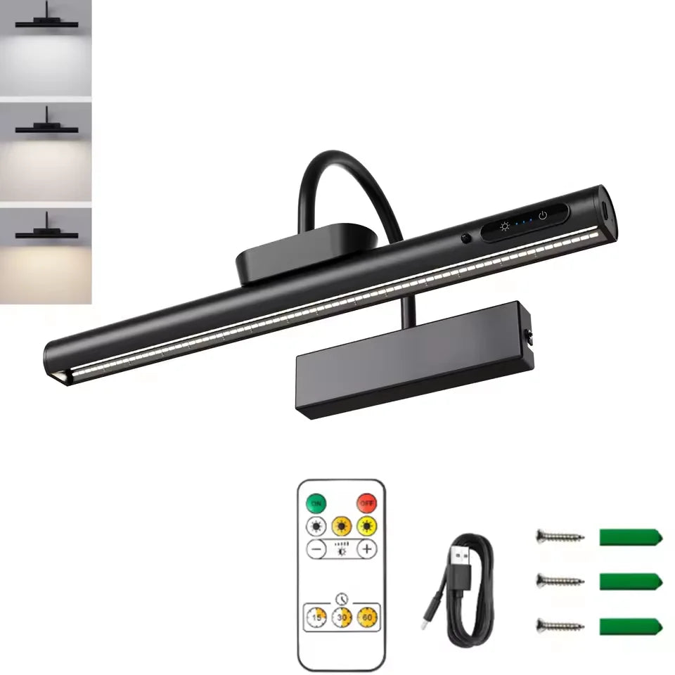 Cordless picture light in black, 35 cm, curved arm