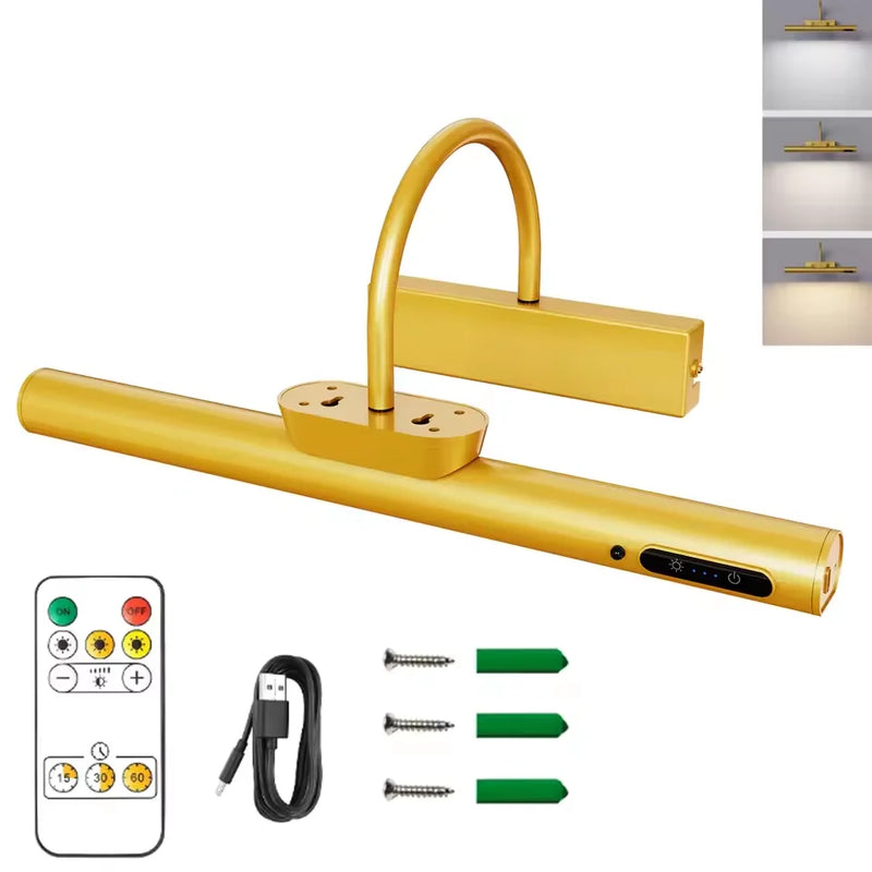 Cordless picture light in gold, 35 cm, curved arm