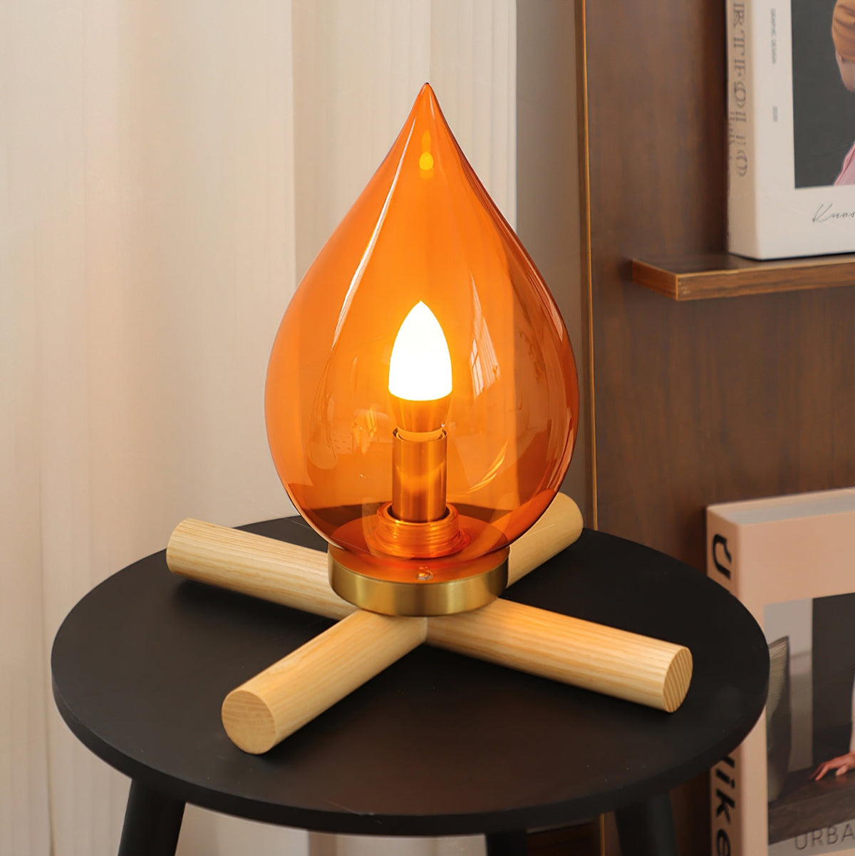 Kazamu Cordless Rechargeable Table Lamp with Amber Shade – Ø 32 cm × height 29 cm, wood tone / Touch