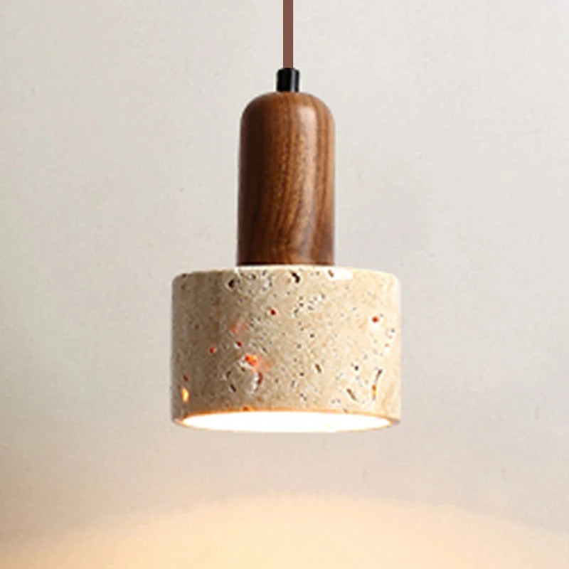Beige marble cylinder pendant light with a wood-tone top