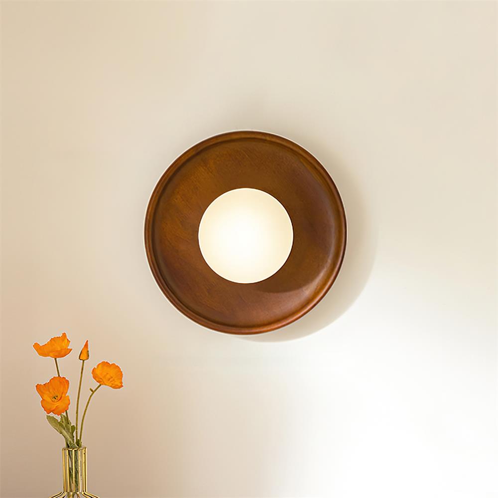 Kazamu Round Warm-Toned Wall Light – Walnut / Ø 35 cm · glass shade Ø 15 cm / Warm white