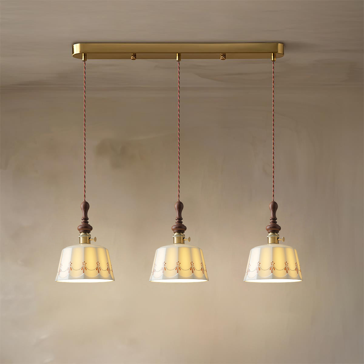 Kazamu Scalloped Shade Pendant Light – 3 lights, Model B, length 70 cm × height 150 cm / Walnut & white