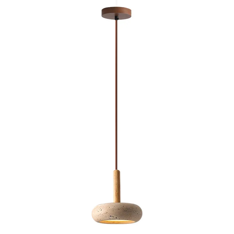 Travertine disc pendant light on a wood stem with a walnut-coloured ceiling cap