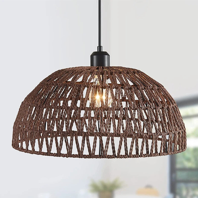 Woven rope dome pendant light in coffee brown